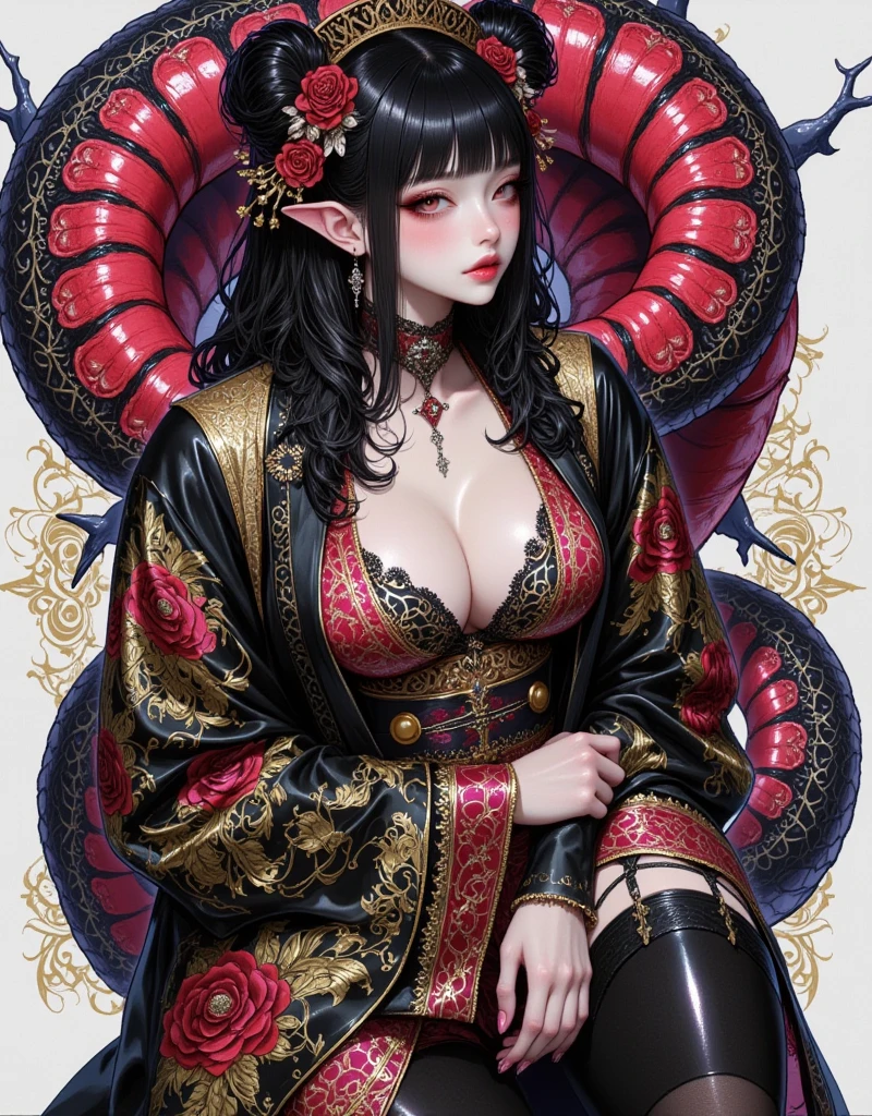 ((UHD, masterpiece, anatomically correct, textured skin, super detail, high details, best quality,  highres icon, Detailed and precise manual expression:1.3,  Incredibly Absurd )), 1woman\Beautiful black hair\Ruby-red eyes, Voluptuous body line\A woman in a kimono with a giant snake wrapped around her body\Beautifully embroidered continental costume, Elf long ears, Gloss Lip, Her chest is exposed, Beautiful hairpin