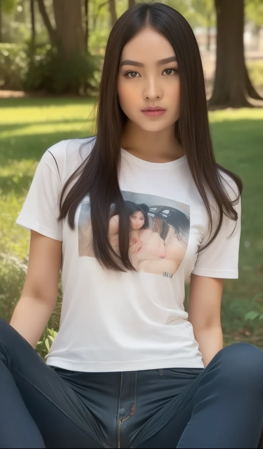 A beautiful young Indonesian girl actress with long black hair, smoothing hair straight, face beautiful, glow face, diamond face model, detailed eyes, big breasts, naked, (((t-shirt pussy))), sexy body, slim body, ((spread legs)), slim body, erotic body, spread legs, up hand, sexy hips, wide hips, (((sexy leg))), spread legs, trees background, photorealistic portrait, cinematic lighting, hyper realistic, digital art, ultra high resolution, masterpiece