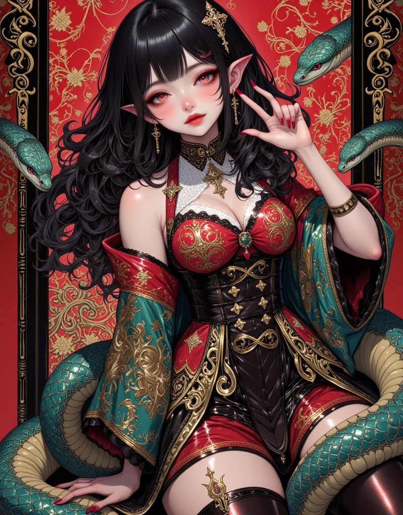 ((UHD, masterpiece, anatomically correct, textured skin, super detail, high details, best quality,  highres icon, Detailed and precise manual expression:1.3,  Incredibly Absurd )), 1woman\Beautiful black hair\Ruby-red eyes, Voluptuous body line\A woman in a kimono with a giant snake wrapped around her body\Beautifully embroidered continental costume, Elf long ears, Gloss Lip, Her chest is exposed, Beautiful hairpin, Continental patterns and backgrounds