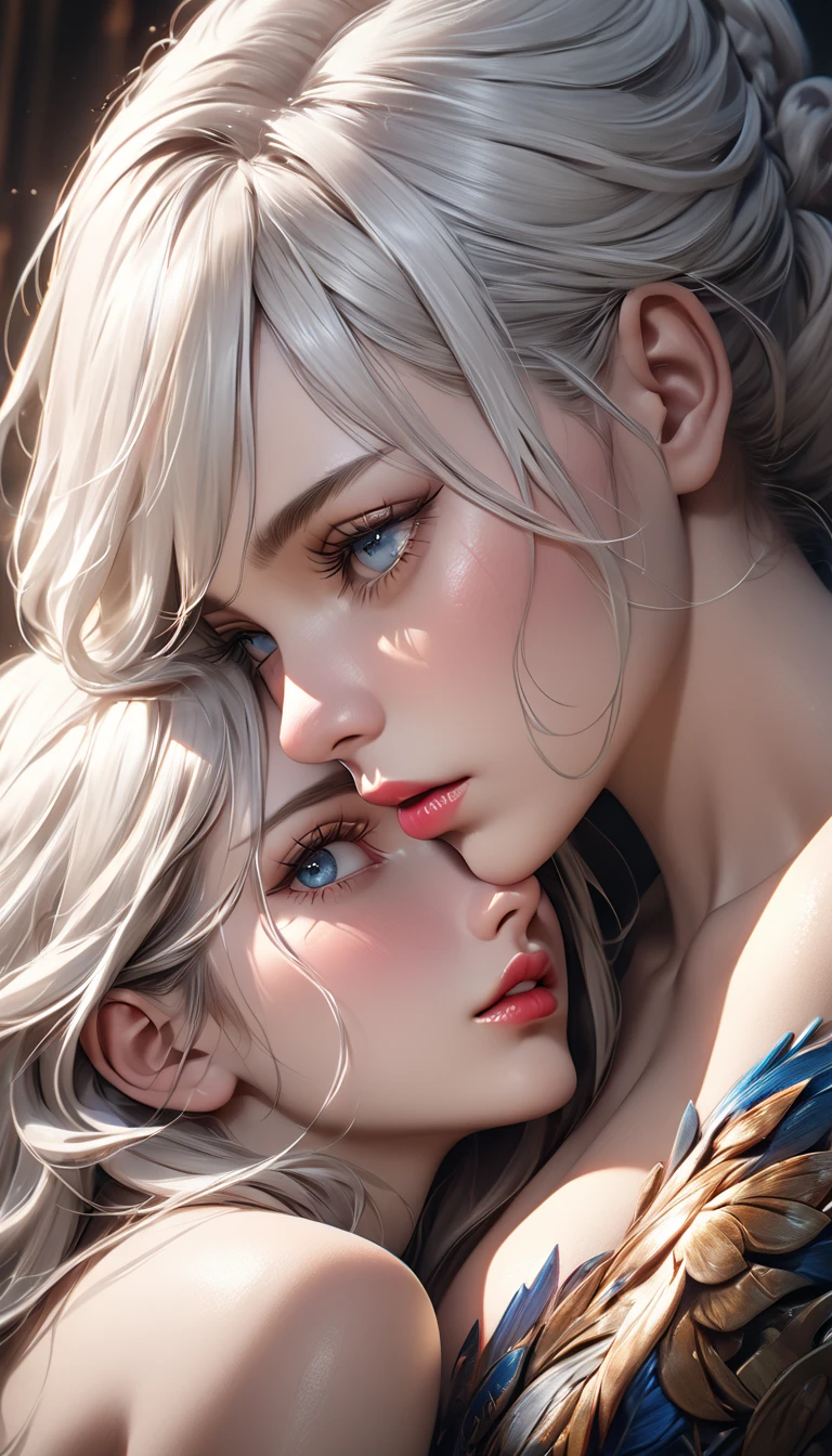 a pair of white-haired twins mating, highly detailed, beautiful eyes, beautiful lips, extremely detailed face, long eyelashes, realistic, photorealistic, 8k, best quality, masterpiece, ultra-detailed, physically-based rendering, professional, vivid colors, dramatic lighting, fantasy, cinematic, moody, dramatic