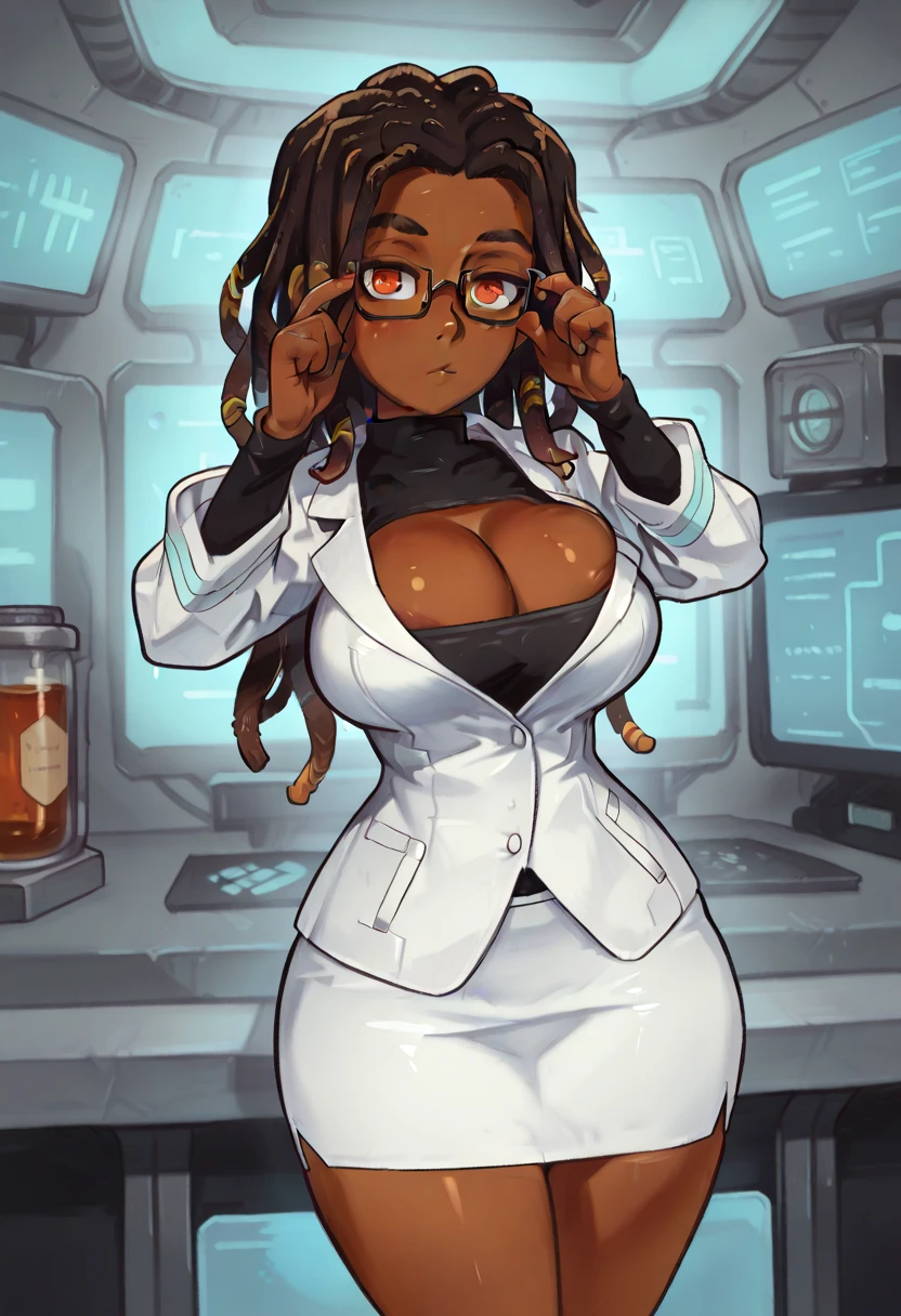 mature busty sensual ebony kuudere scientist, rating safe, 1girl, solo, expressionless face, very dark skin, long dark dreadlocks, long hair, huge tits, wide hips, nip-slip, tight labcoat, (adjusting glasses with one hand), deep cleavage, sci-fi sex laboratory background, sharp beautiful amber eyes, thin-rimmed glasses, nip-slip, emotionless sex, cowboy shot, full-body shot, short pencil skirt, turtleneck,confident standing pose, bare thighs, high heels,