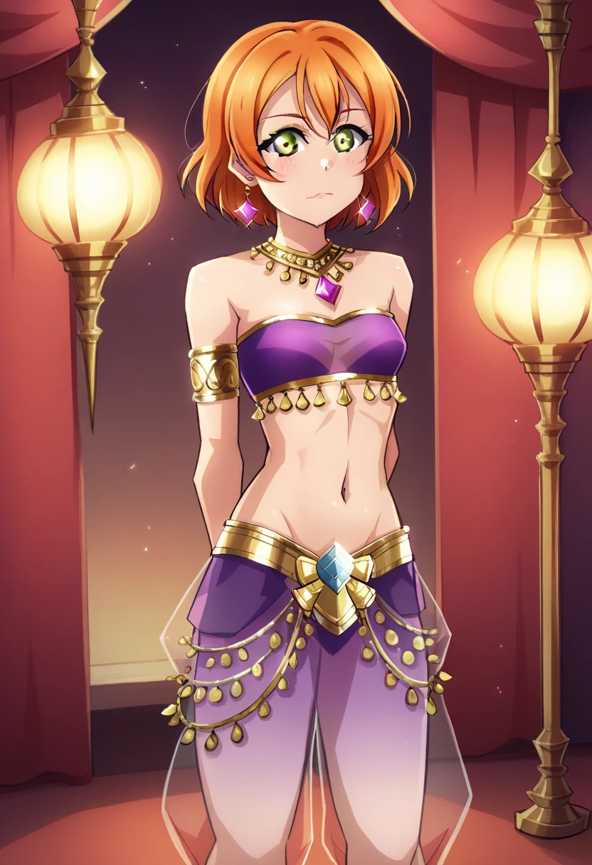 Masterpiece, front view, solo, beautiful ,Rin Hoshizora Love Live, short orange hair, yellow eyes , purple see-through harem pants,dancer, Arabian ornaments, jewellery, tube top ,small breasts, room lighted only by lantern , standing, arms behind back , closed mouth ,dbp