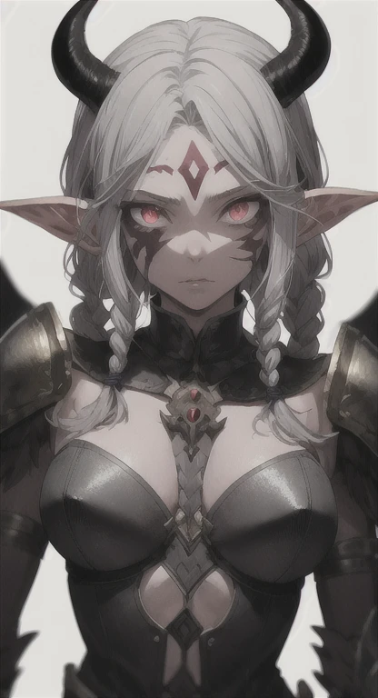 off shoulder, best quality, masterpiece, ultra-detailed, high quality, highres, 1girl, dark elf, grey skin, twin braided silver hair, beautiful, beautiful and perfect face, disgusted, angry expression, dejected, looking at viewer, (skimpy leather armor), large breast, poking nipples, cleavage large ass, curvy body, POV, close shot, from below, half body, standing menacingly, in scary dead forest, night time, leaning forward