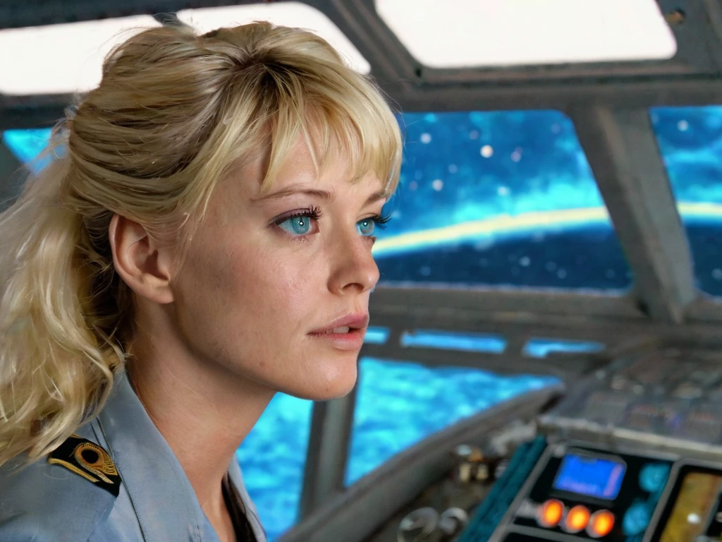 A tired-looking starship captain on the bridge of her ship. Her hair is messy and she's wearing a silk shift and panties as she looks out of the forward viewport at the emergency she was woken up for. She is blonde, with blue eyes and a delicate jawline.