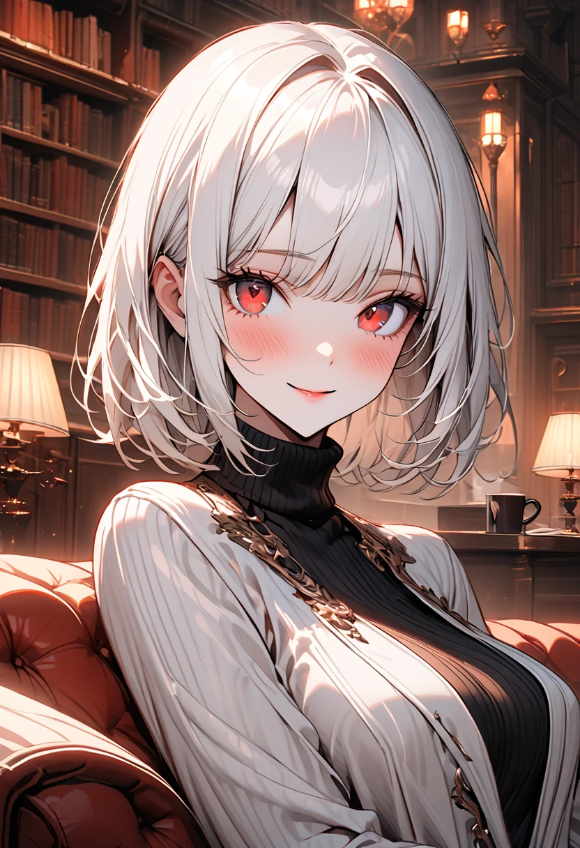 female, solo, close up, white hair, red eyes, mansion, gold, luxury, very large breasts, short straight hair, bob cut hair, library, blush, short, simple luxurious clothes, looking at viewer, curious, shawl, comfy, pinup pose, on couch, loving shy smile, lamp, steaming mug of coffee