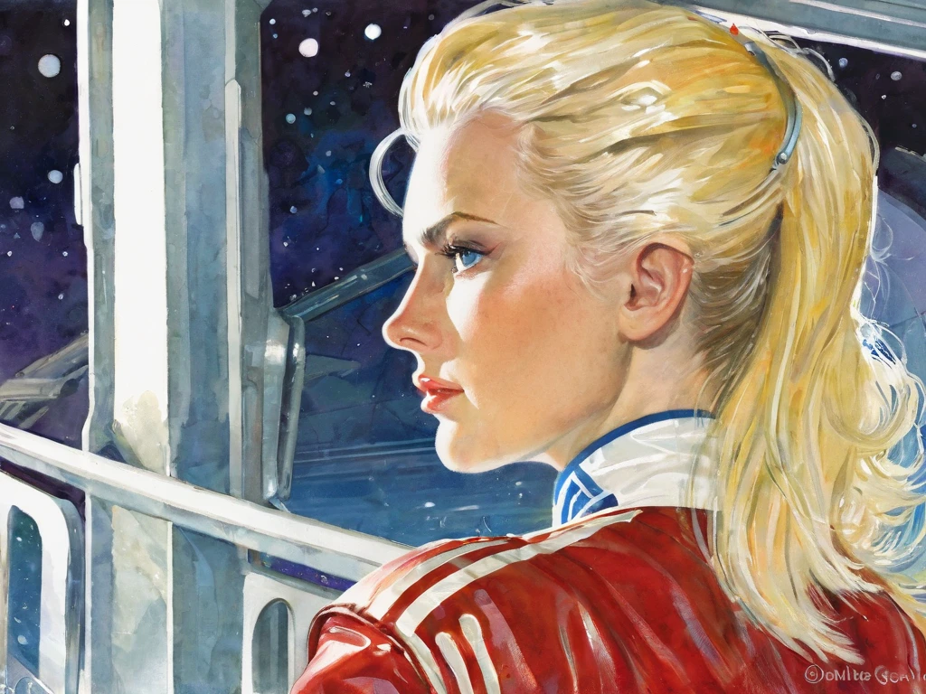 A tired-looking starship captain on the bridge of her ship. Her hair is messy and she's wearing a silk shift and panties as she looks out of the forward viewport at the emergency she was woken up for. She is blonde, with blue eyes and a delicate jawline. Pulp science fiction style, watercolor, raypunk, cyberpunk, by Norman Saunders, by Chris Foss , (clear lines:1), by Simon Stålenhag, by Virgil Finlay, by H.R. Geiger, face restoration. (simple background :1.5) crisp vibrant detailed soft painterly digital art, volumetric lighting, natural lighting, realistic lighting, vibrant colors, crisp oil painting, painterly realism, depth of field, subtle soft details, vivid, fresh, striking, by darkgem, by anhes, by dagasi, by atey ghailan, by MilletGustave, by Curbet, by Charlie Bowater, lol art. vintage pulp art, by Earle K. Bergey, by Kelly Freas, by Alex Schomburg, by H. J. Ward, glossy pulp art, Amazing Stories, Weird Tales, 8k, high resolution, best quality 