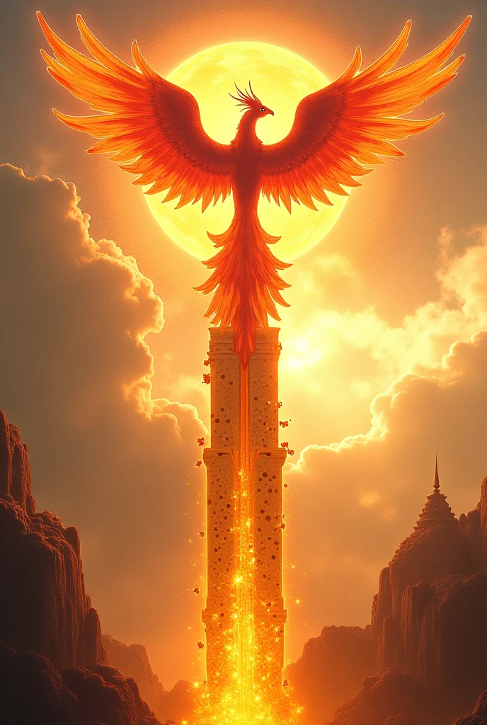 An evocative and dramatic scene symbolizing resilience and rebirth. The setting features a dark landscape with a phoenix rising from the ashes, representing renewal and strength. The sky is filled with crimson and orange hues, depicting past struggles and battles. Shadows and echoes are present, yet a powerful light pierces through, signifying hope and triumph. The composition emphasizes rising from broken dreams and finding strength in scars, with stars shining overhead as symbols of trust and guidance. The overall mood conveys a sense of victory and new beginnings