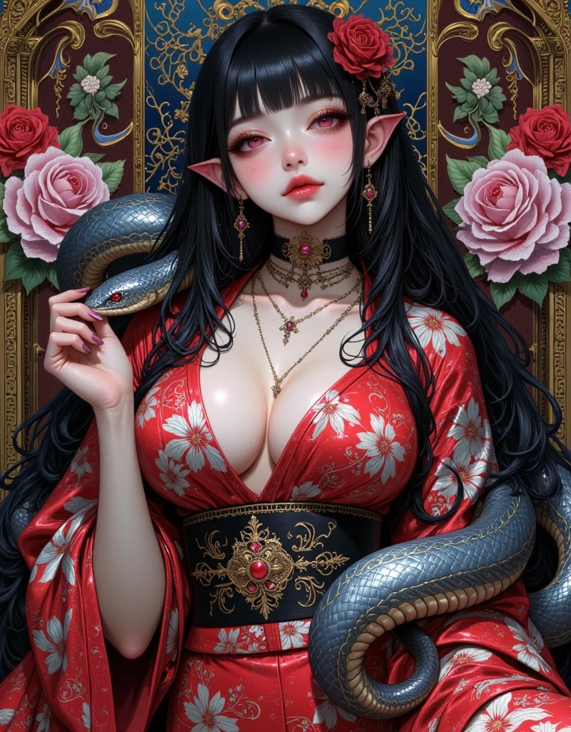 ((UHD, masterpiece, anatomically correct, textured skin, super detail, high details, best quality,  highres icon, Detailed and precise manual expression:1.3,  Incredibly Absurd )), 1woman\Beautiful black hair\Ruby-red eyes, Voluptuous body line\A woman in a kimono with a giant snake wrapped around her body\Beautifully embroidered continental china dress, Elf long ears, Gloss Lip, Her chest is exposed, Beautiful hairpin, Continental patterns and backgrounds