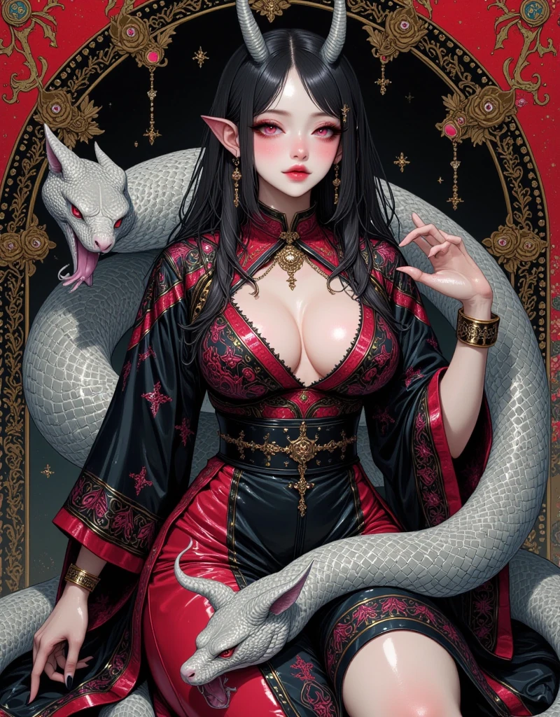 ((UHD, masterpiece, anatomically correct, textured skin, super detail, high details, best quality,  highres icon, Detailed and precise manual expression:1.3,  Incredibly Absurd )), 1woman\Beautiful black hair\Ruby-red eyes, Voluptuous body line\A woman in a kimono with a giant snake wrapped around her body\Beautifully embroidered continental china dress, Elf long ears, Gloss Lip, Her chest is exposed, Beautiful hairpin, Continental patterns and backgrounds