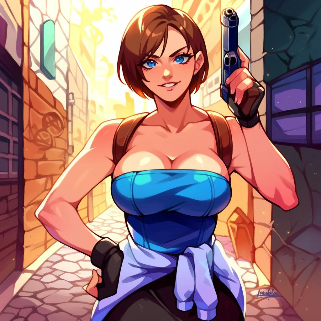 score_9, score_8_up, score_7_up, score_6_up, source_anime, BREAK masterpiece, RE3Jill, bob cut, blue eyes, tube top, cleavage, looking at viewer, black skirt, clothes around waist, smile, hand on own hip, breasts, fingerless gloves, alleyway, night, city, ruins, holding gun, parted lips, fire, looking at viewer, close-up, 