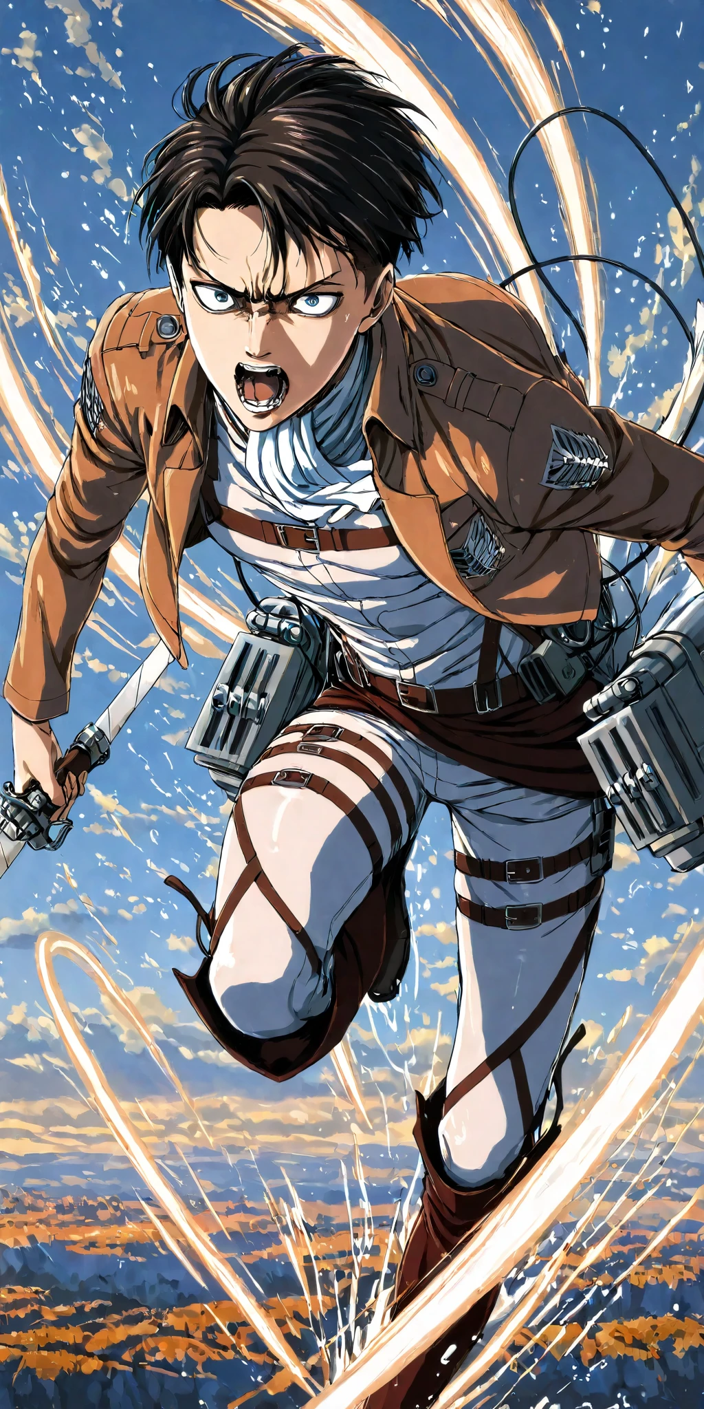 1boy\(Levi Ackerman\(attack of titan\),diving to Titan from high above by The 3-D Maneuver Gear, downspin,motion blur,dynamic pose,mad,angry,open mouth\).anthro,screen capture.dynamic angle. BREAK .quality\(8k,wallpaper of extremely detailed CG unit, high resolution, top-quality, top-quality real texture skin, hyper realistic, increase the resolution, RAW photos, best quality, highly detailed, the wallpaper, golden ratio, high saturation realism, vibrant colors, dramatic lighting, persuasive storytelling, atmospheric scenery, captivating visuals, intricate details, strong emotions, dreamlike world\).landscape, dutch angle