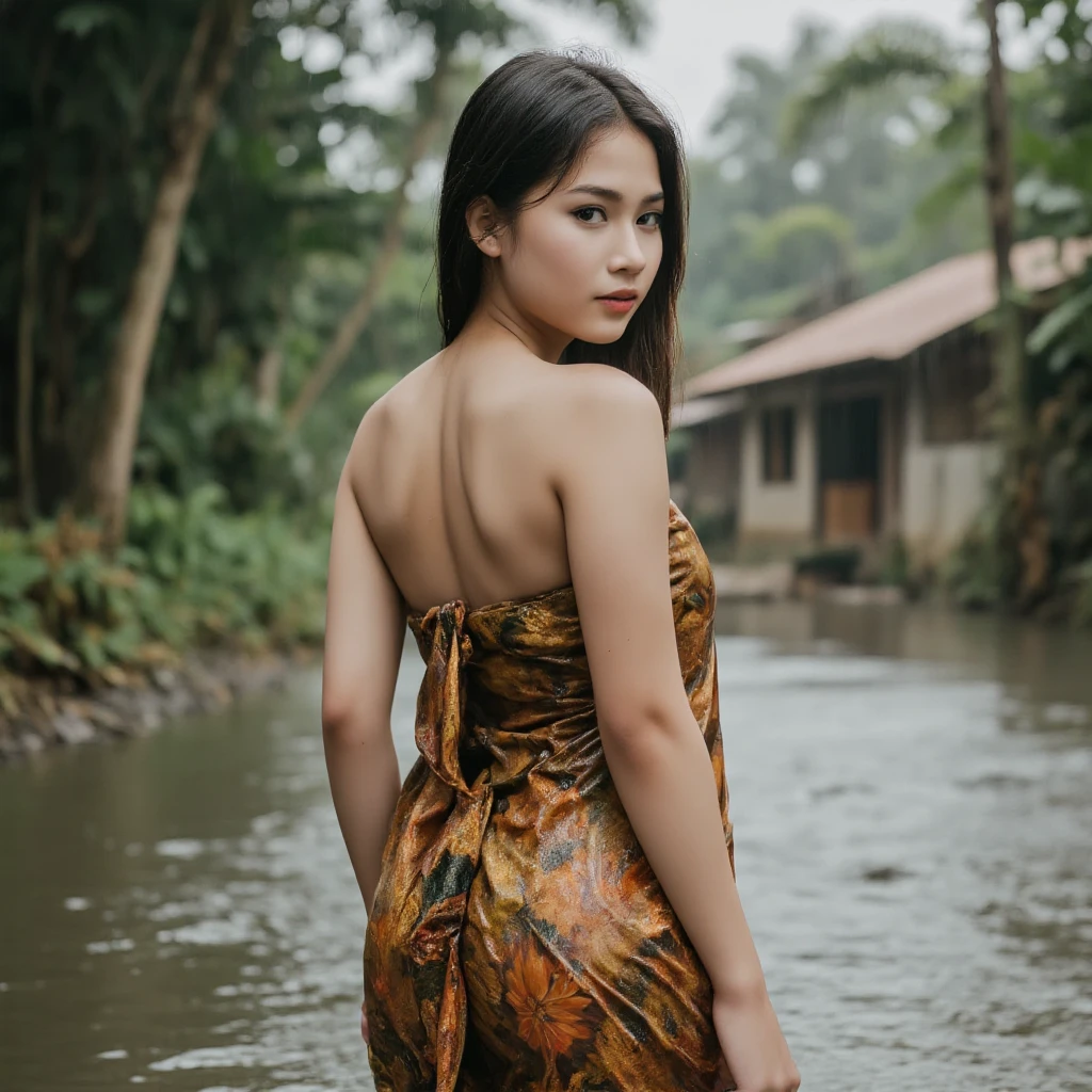 best quality, masterpiece, ultra high res, (photorealistic:1.2), 1girl, (detailed face:1.2), (detailed eyes:1.2), (detailed hair:1.2), (detailed clothes:1.2), 4k, indonesian woman, wet hair, walking in very deep flooded village, wet, under the heavy rain, look back at the viewer,