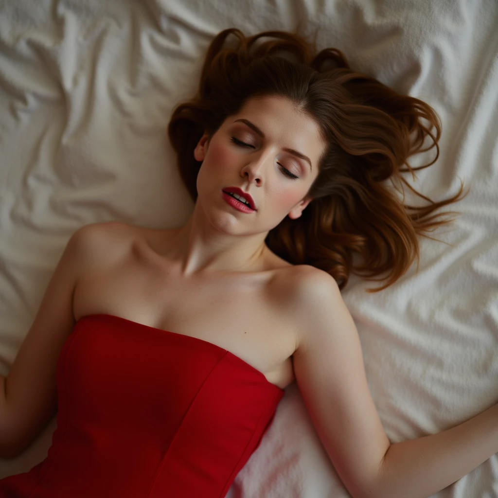 Anna Kendrick, picture from above, lying limp on a bed with white sheet on back, red strapless dress, sleeping, closed eyes, head tilt, mouth slightly open, loose arms