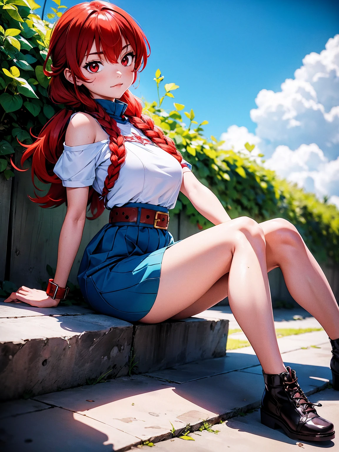  Happy anime  , , agachada, sitting, Beautiful body,  medium breasts, Red hair with shoulder wrap,  red eyes, beautiful legs, hair with a shoulder wrap ,  anime style , demon slayer, autor Koyoharu Gotouge,  Based on a work by Koyoharu Gotouge , Anime demon slayer, wearing blue gardener , wearing white shirt with green stripes 