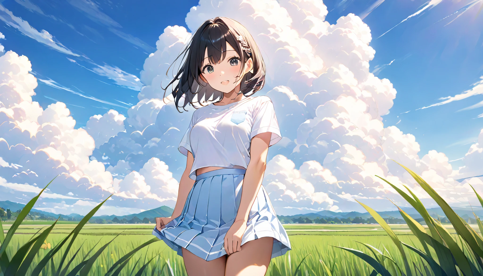   high school girl、 Short-sleeved plain shirt   、   with rice paddies stretching all the way to the horizon 、  I have a light blue miniskirt   、Clear sky and cumulonimbus clouds    