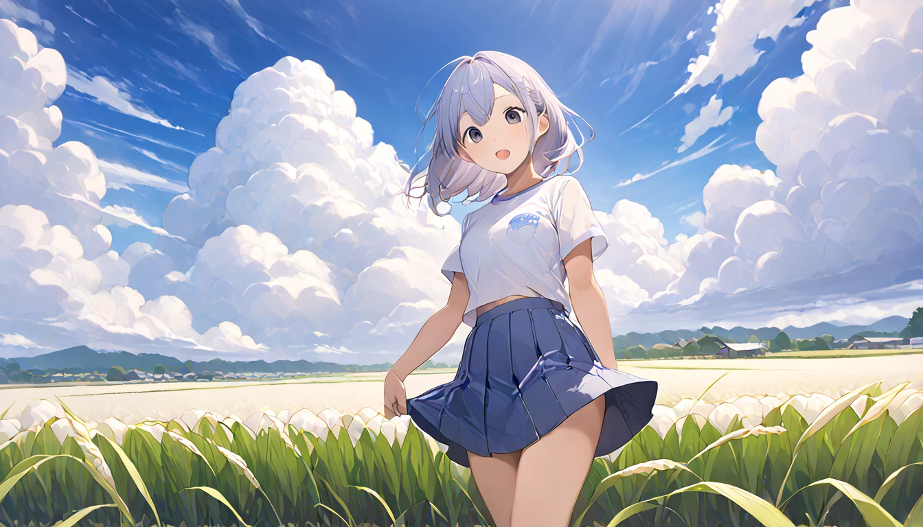   high school girl、 Short-sleeved plain shirt   、   with rice paddies stretching all the way to the horizon 、  I have a light blue miniskirt   、Clear sky and cumulonimbus clouds    