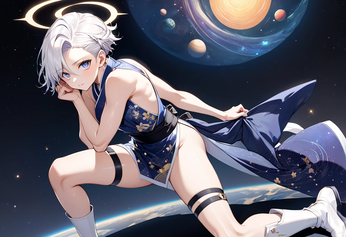 Fresh illustration,
Ultra-fine drawing,
Very delicate illustration,
Very fine details,
One boy,
Full body,
Height 158cm,
Fair skin,
Right eye is purple,
Left eye is blue,
Odd eyes,
Heterochromie iris,
Beautiful eyes,
Large black pupils,
Cleanly cut hairstyle,
Slicked back hairstyle,
Short hair,
Shiny hair,
Blue roots and white hair elsewhere,
Hair with a gradient,
Cute face,
Pretty face,
Shiny halo on the back of the head,
Raised eyebrows,
Upper body in kimono,
Upper body in traditional Japanese clothing,
Masculine build,
Six pack,
Very small breasts,
No breasts,
Lower body in Chinese dress,
Black obi,
Overall white clothes,
Tastefully embroidered with gold thread,
Clothes with a high-quality texture,
Jo straps,
thigh straps,
thigh straps digging into skin,
white long boots,
Japanese style toes,
five fingers on hands and feet,
thin waist,
thin legs,
isometric,
golden ratio,
divine atmosphere,
wearing indigo-colored stand-up collared innerwear,
outer space,
galaxy,
countless small stars,
tactical use of shadows,
free pose,
sexy pose,
exposed skin,
naughty pose,
adult pose,
lewd look,
looking at camera,
buttocks facing camera,
pervert,
see-through clothes,
peachy buttocks,