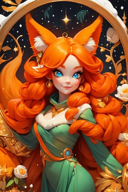 Perfect face. Perfect hands. An orange haired woman with one blue eye and one green eye with an hourglass figure with an orange fox tail and orange fox ears in a pretty winter wonderland dress is smiling in a winter wonderland