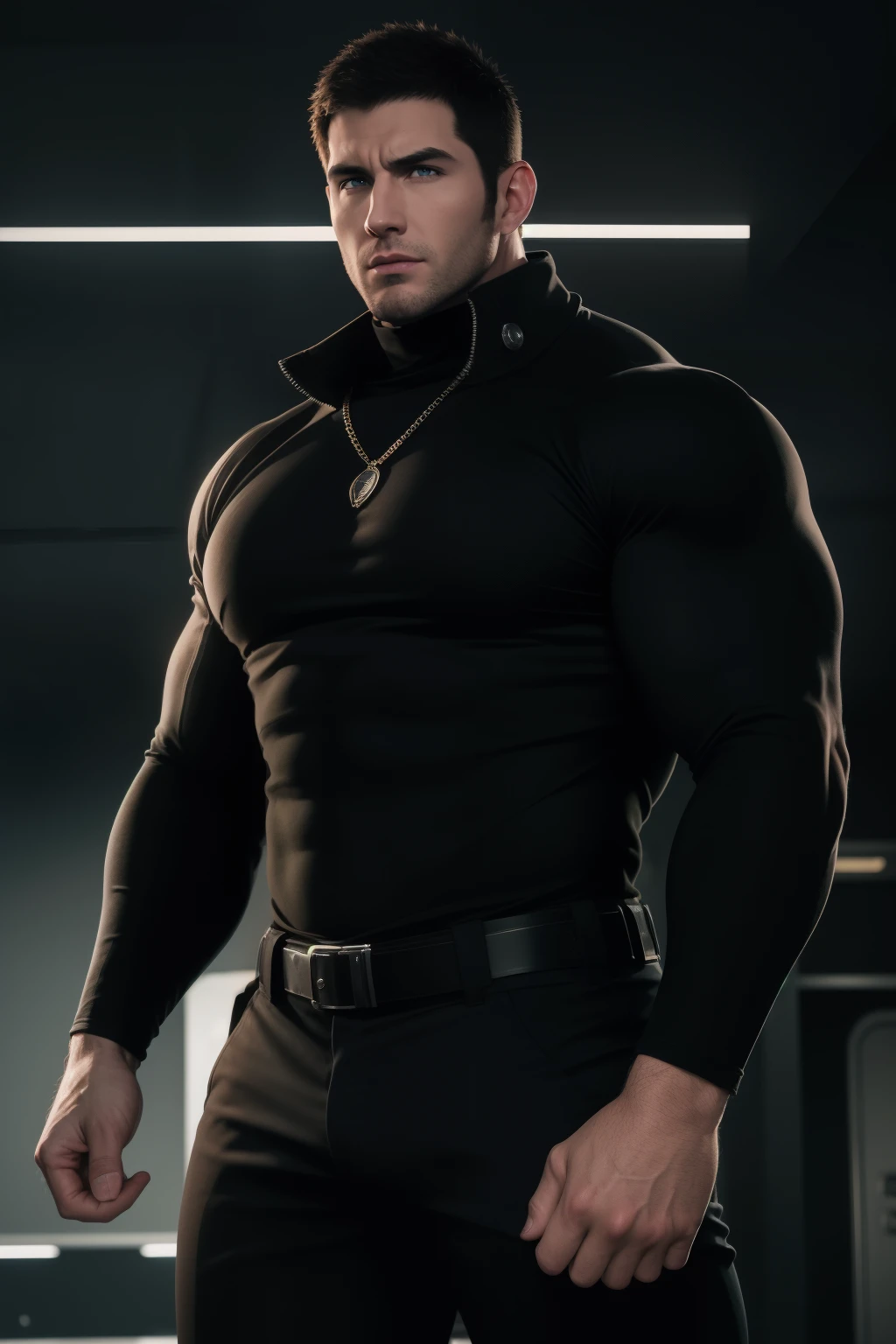 Muscular security guard with open mouth,Chris Redfield,He wears a long-sleeved turtleneck sweater,He had sad eyes in his eyes,Frown of sadness,Charming Emerald Eyes,Cao Cao and burly,brawny!Cao Cao, corpulent and strong, Extremely detailed representation of faces,exquisite facial features,super winning and cool, High Resolution Commission, Strong and attractive men,Luxurious warmth in burgundy tones,He was in the luxurious living room