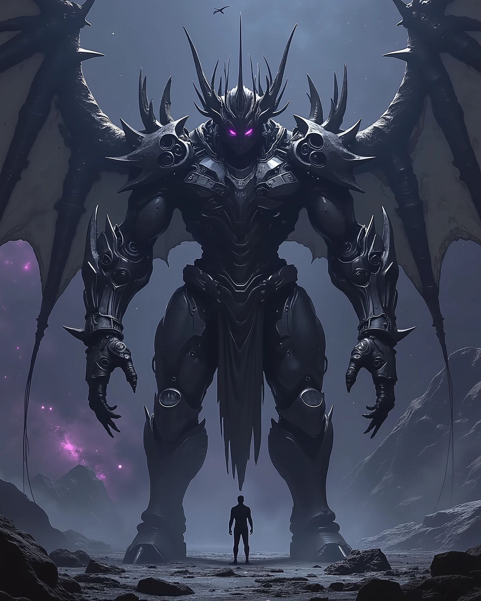 a large warrior humanoid creature with metal skin and size of a planet and (no face) standing tall with confidence in front of a small human, wearing a crown with long spikes, background is space and dark, purple glowing dark eyes, horror vibes, spooky, dark, ((minimalistic)) Huge structure\(space,space station.3d,realistic,huge, gigantic, very detailed.great focus of station, beautiful bokeh, mechanical parts, cable, wires, machinery,dynamic angle,drifting galaxy,glowing, complex, labyrinth-like structure\), masterpiece, best quality, perfect anatomy , very aesthetic , absurdres. at outer space,dynamic angle,Perspective distortion,telephoto, asymmetry,geographic