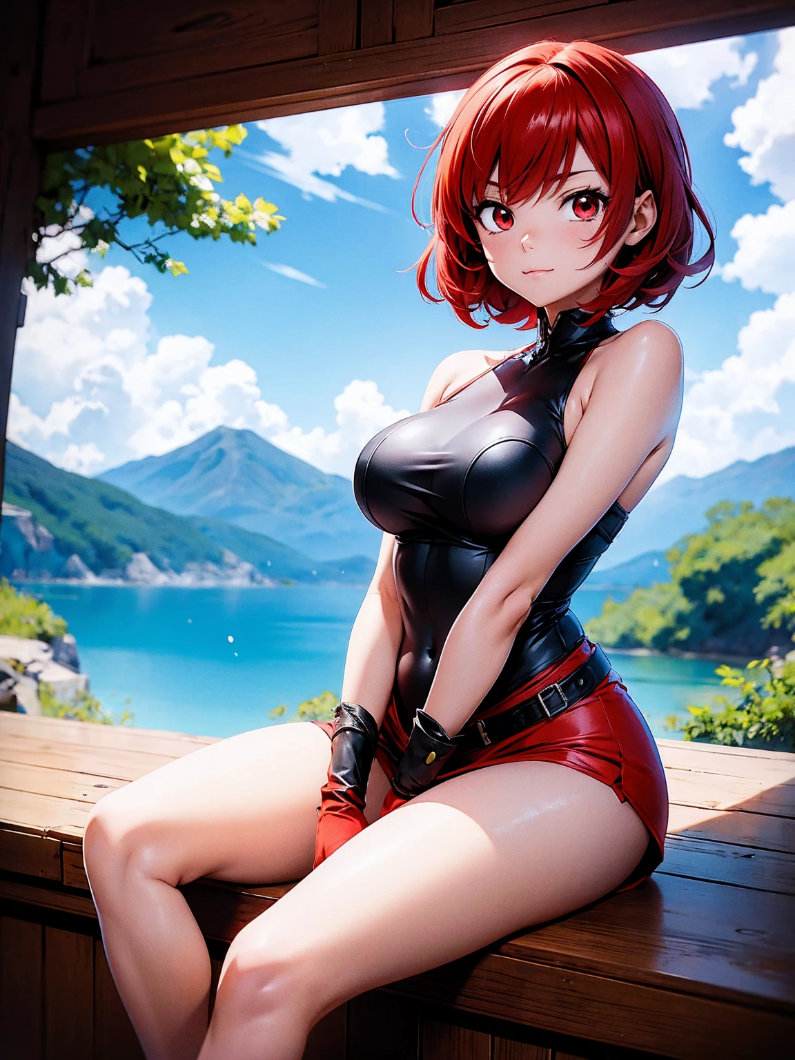 Happy anime girl ,clothes is, , agachada, sitting, Beautiful body,  medium breasts,short stature, Red hair with shoulder wrap,  red eyes, beautiful legs, apenas clothes is, short stature, hair with a shoulder wrap ,  anime style , demon slayer, autor Koyoharu Gotouge,  Based on a work by Koyoharu Gotouge , Anime demon slayer, 