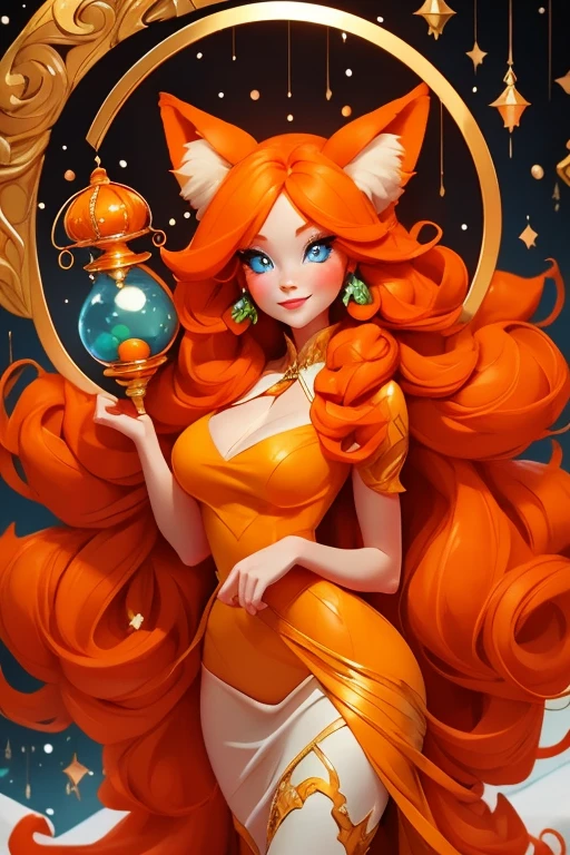 Perfect face. Perfect hands. An orange haired woman with one blue eye and one green eye with an hourglass figure with an orange fox tail and orange fox ears in a pretty winter wonderland dress is smiling in a winter wonderland