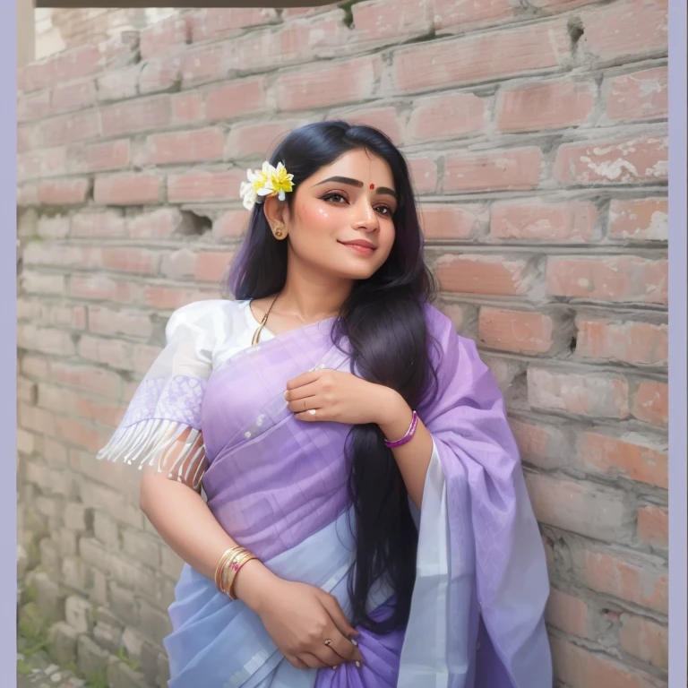 a close up of a woman wearing a purple and white sari, assamese aesthetic, with lovely look, traditional beauty, candid picture, with beautiful colors, dressed in a sari, with a beautifull smile, wearing bihu dress mekhela sador, wearing a sari, with long hair, with kind face, candid photograph, wearing sari, with accurate face