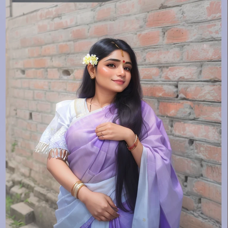 a close up of a woman wearing a purple and white sari, assamese aesthetic, with lovely look, traditional beauty, candid picture, with beautiful colors, dressed in a sari, with a beautifull smile, wearing bihu dress mekhela sador, wearing a sari, with long hair, with kind face, candid photograph, wearing sari, with accurate face