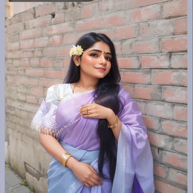 a close up of a woman wearing a purple and white sari, assamese aesthetic, with lovely look, traditional beauty, candid picture, with beautiful colors, dressed in a sari, with a beautifull smile, wearing bihu dress mekhela sador, wearing a sari, with long hair, with kind face, candid photograph, wearing sari, with accurate face