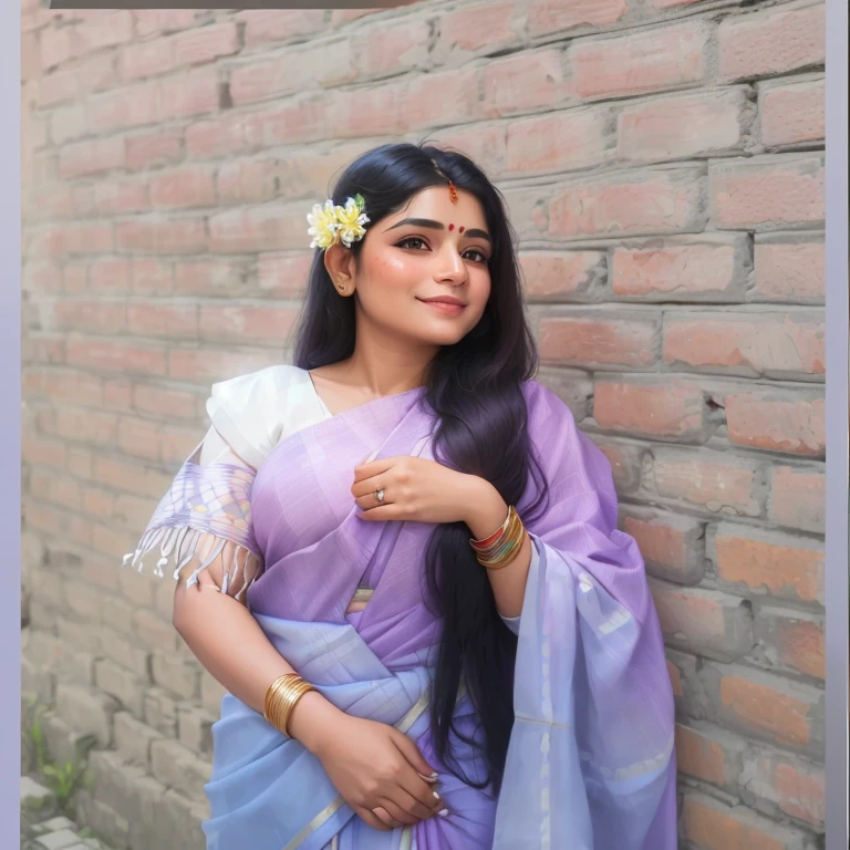 a close up of a woman wearing a purple and white sari, assamese aesthetic, with lovely look, traditional beauty, candid picture, with beautiful colors, dressed in a sari, with a beautifull smile, wearing bihu dress mekhela sador, wearing a sari, with long hair, with kind face, candid photograph, wearing sari, with accurate face