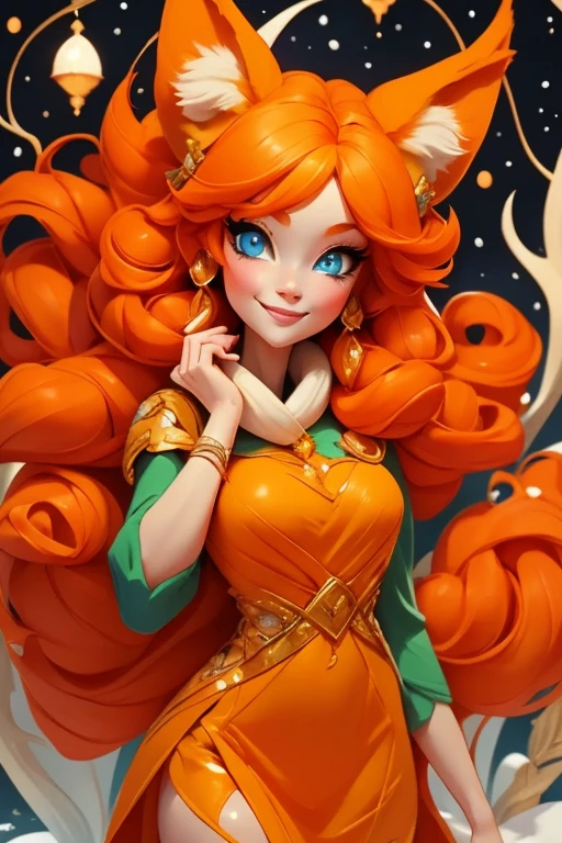 Perfect face. Perfect hands. An orange haired woman with one blue eye and one green eye with an hourglass figure with an orange fox tail and orange fox ears in a pretty winter wonderland dress is smiling in a winter wonderland