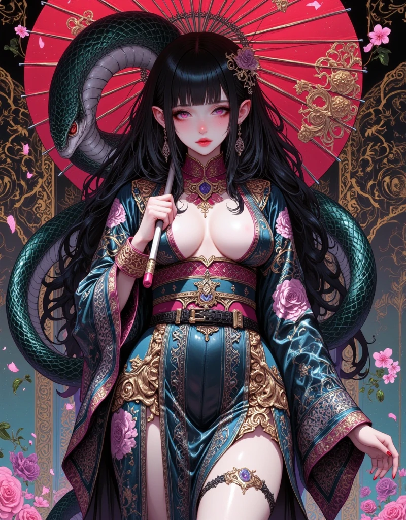 ((UHD, masterpiece, anatomically correct, textured skin, super detail, high details, best quality,  highres icon, Detailed and precise manual expression:1.3,  Incredibly Absurd )), 1woman\Beautiful black hair\Ruby-red eyes, Voluptuous body line\A woman in a kimono with a giant snake wrapped around her body\Beautifully embroidered continental china dress, Elf long ears, Gloss Lip, Her chest is exposed, Beautiful hairpin, Holding a Japanese umbrella, Continental patterns and backgrounds