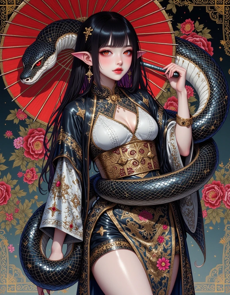 ((UHD, masterpiece, anatomically correct, textured skin, super detail, high details, best quality,  highres icon, Detailed and precise manual expression:1.3,  Incredibly Absurd )), 1woman\Beautiful black hair\Ruby-red eyes, Voluptuous body line\A woman in a kimono with a giant snake wrapped around her body\Beautifully embroidered continental china dress, Elf long ears, Gloss Lip, Her chest is exposed, Beautiful hairpin, Holding a Japanese umbrella, Continental patterns and backgrounds