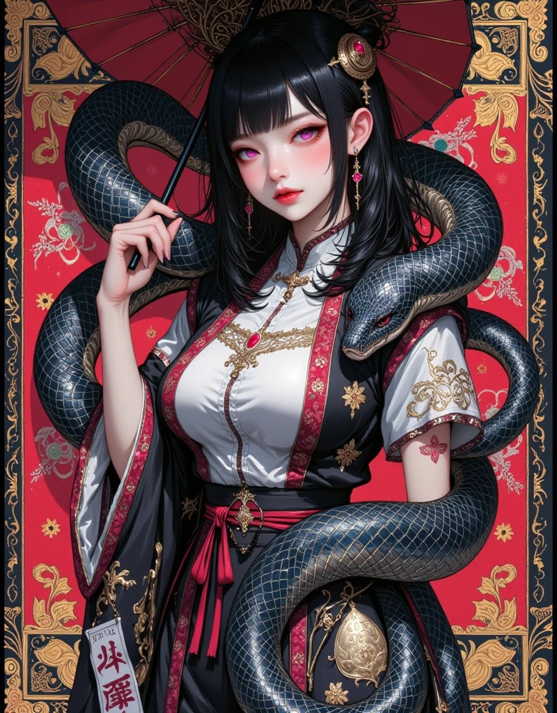 ((UHD, masterpiece, anatomically correct, textured skin, super detail, high details, best quality,  highres icon, Detailed and precise manual expression:1.3,  Incredibly Absurd )), 1woman\Beautiful black hair\Ruby-red eyes, Voluptuous body line\A woman in a kimono with a giant snake wrapped around her body\Beautifully embroidered continental china dress, Elf long ears, Gloss Lip, Her chest is exposed, Beautiful hairpin, Holding a Japanese umbrella, Continental patterns and backgrounds