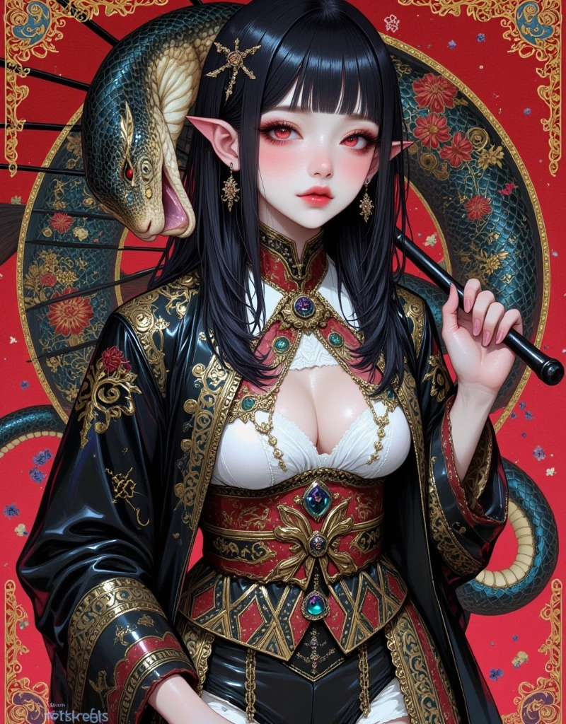 ((UHD, masterpiece, anatomically correct, textured skin, super detail, high details, best quality,  highres icon, Detailed and precise manual expression:1.3,  Incredibly Absurd )), 1woman\Beautiful black hair\Ruby-red eyes, Voluptuous body line\A woman in a kimono with a giant snake wrapped around her body\Beautifully embroidered continental china dress, Elf long ears, Gloss Lip, Her chest is exposed, Beautiful hairpin, Holding a Japanese umbrella, Continental patterns and backgrounds