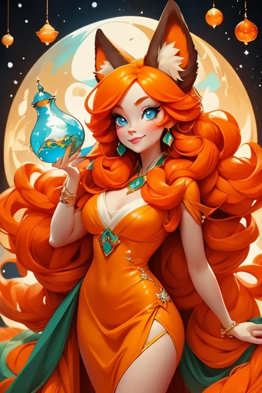 Perfect face. Perfect hands. An orange haired woman with one blue eye and one green eye with an hourglass figure with an orange fox tail and orange fox ears in a pretty winter wonderland dress is smiling while sipping tea in a winter wonderland