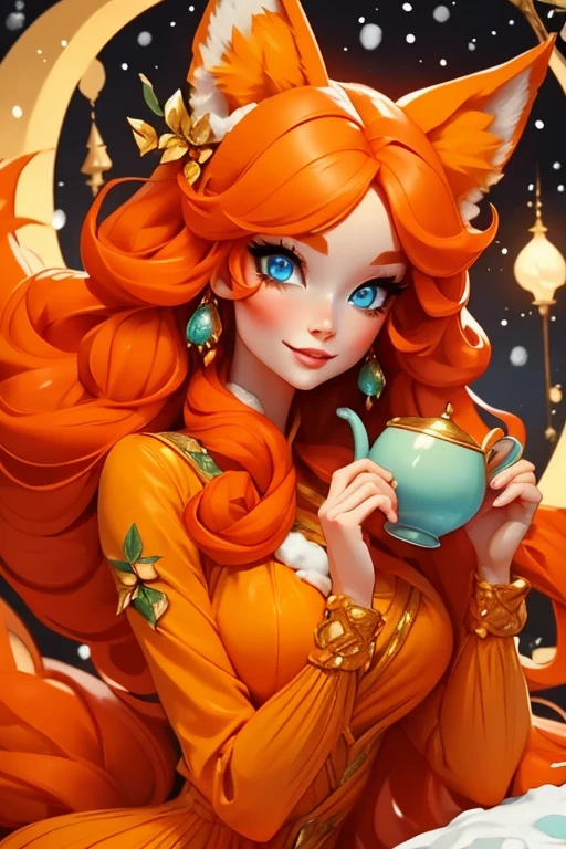 Perfect face. Perfect hands. An orange haired woman with one blue eye and one green eye with an hourglass figure with an orange fox tail and orange fox ears in a pretty winter wonderland dress is smiling while sipping tea in a winter wonderland