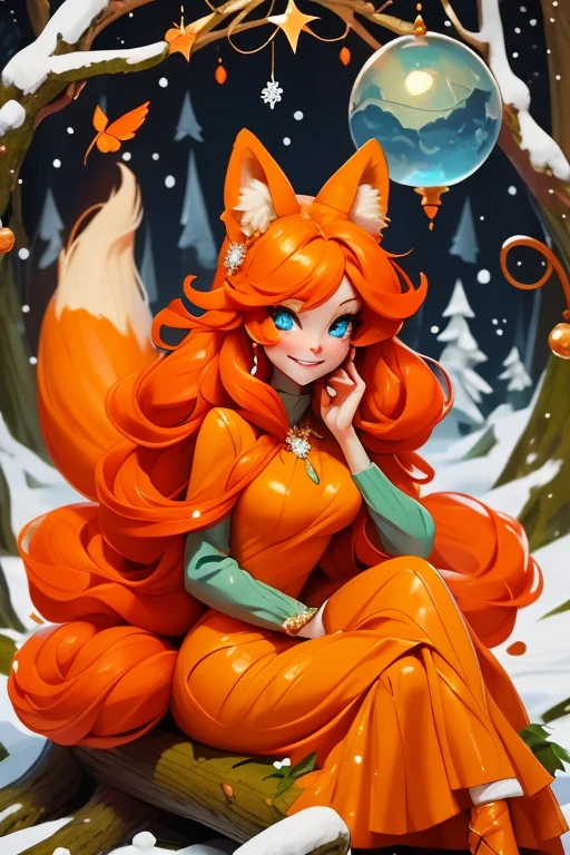 Perfect face. Perfect hands. An orange haired woman with one blue eye and one green eye with an hourglass figure with an orange fox tail and orange fox ears in a pretty winter wonderland dress is smiling while sitting on a log in a winter wonderland