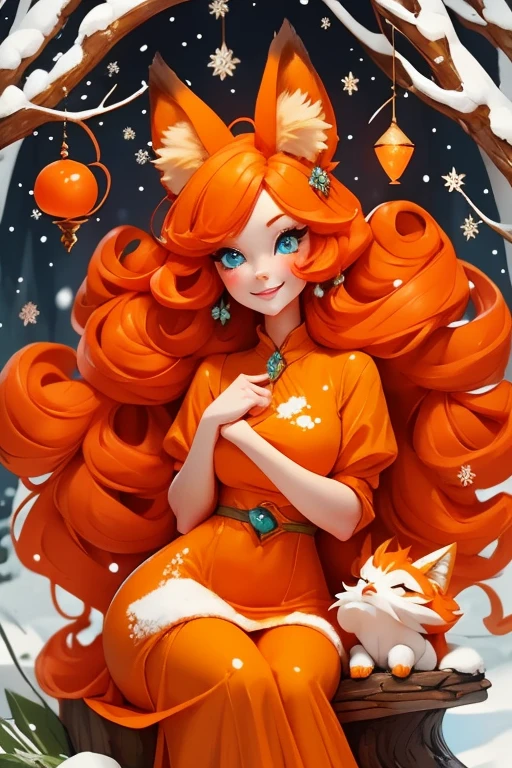 Perfect face. Perfect hands. An orange haired woman with one blue eye and one green eye with an hourglass figure with an orange fox tail and orange fox ears in a pretty winter wonderland dress is smiling while sitting on a log in a winter wonderland