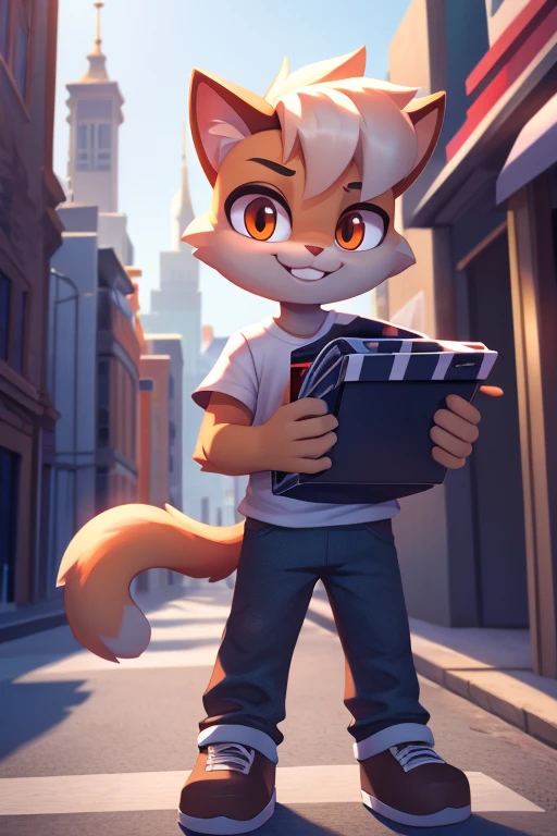  furry boy, cute face, short hairstyle, cat ears, detailed body, clothes, shirt, pants, orange eyes, attractive smile, cinema shot, lens aperture 1.4, background, city streets, high quality, holding a whiteboard, high polish 