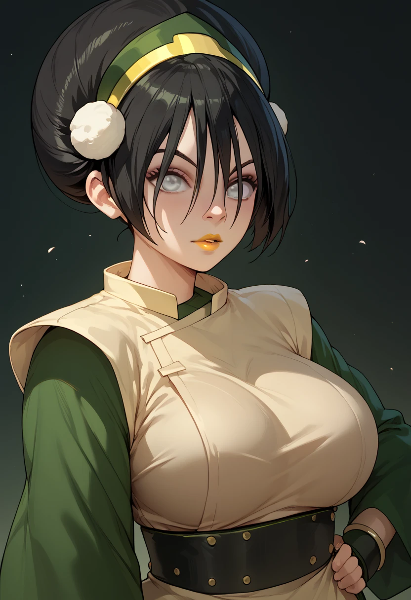 woman, white skin, greenish-gray eyes, tied hair, Toph, anime style, yellow lipstick, big breasts, black hair