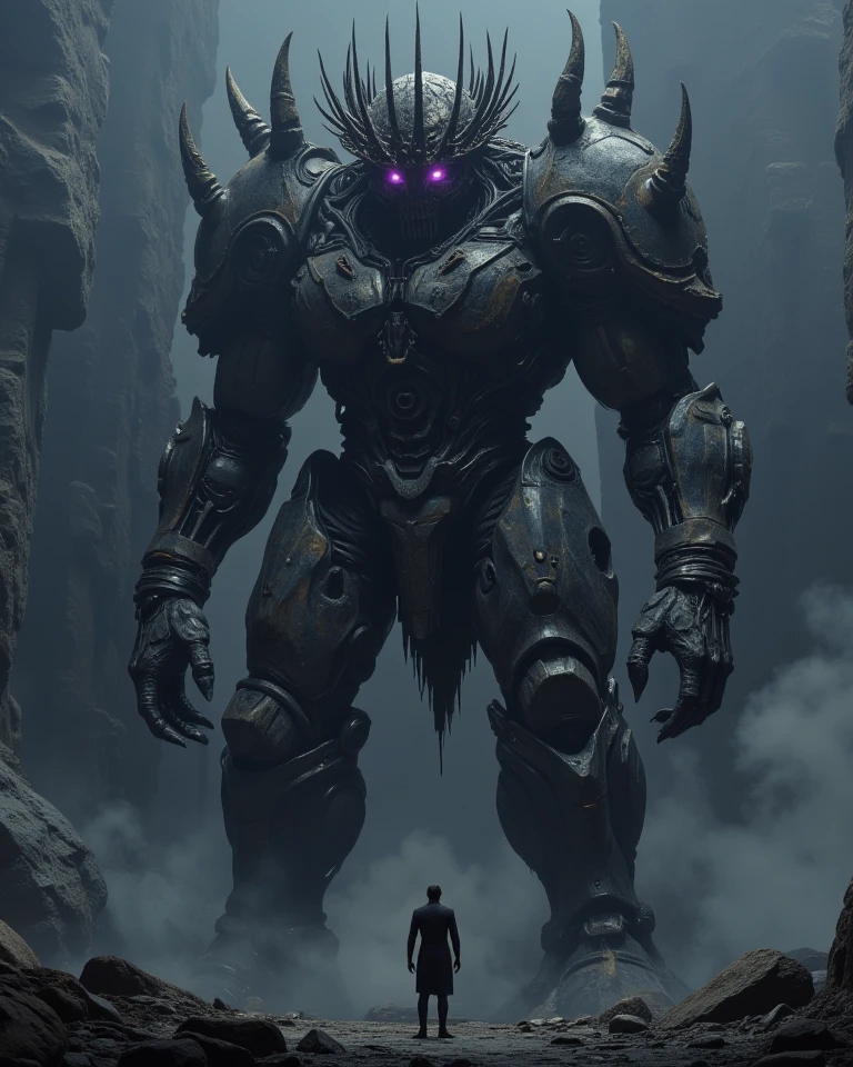 a large warrior humanoid creature with metal skin and size of a planet and (no face) standing tall with confidence in front of a small human, wearing a crown with long spikes, background is space and dark,  purple glowing dark eyes, horror vibes, spooky, dark, ((minimalistic)) Huge structure\(space,space station.3d,realistic,huge, gigantic, very detailed.great focus of station, beautiful bokeh, mechanical parts, cable, wires, machinery,dynamic angle,drifting galaxy,glowing, complex, labyrinth-like structure\), masterpiece, best quality, perfect anatomy , very aesthetic , absurdres. at outer space,dynamic angle,Perspective distortion,telephoto, asymmetry,geographic