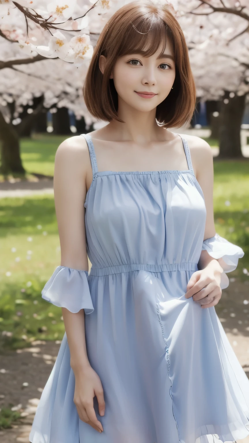 with a girl:her hair is black and short、14 years、laughter、Her face is round and cute。white and blue dress clothes、Floral。white sandal shoes、The ribbon is attached to the ankle。with a girlが椅子に座っている、scene:There is a beautiful scene floating in the background.、blue sky, White cloud, Green meadows and colorful flowers。The scene is softly painted like a watercolor painting.、It's a dreamy atmosphere。The scene expresses the imagination and sensibility of the girl、Pubic hair shows completely naked pubic hair) ,more_be familiar with:1.5, (More and more_be familiar with:1.9)、