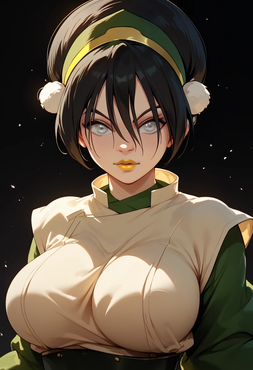 woman, white skin, greenish-gray eyes, tied hair, Toph, anime style, yellow lipstick, big breasts, black hair