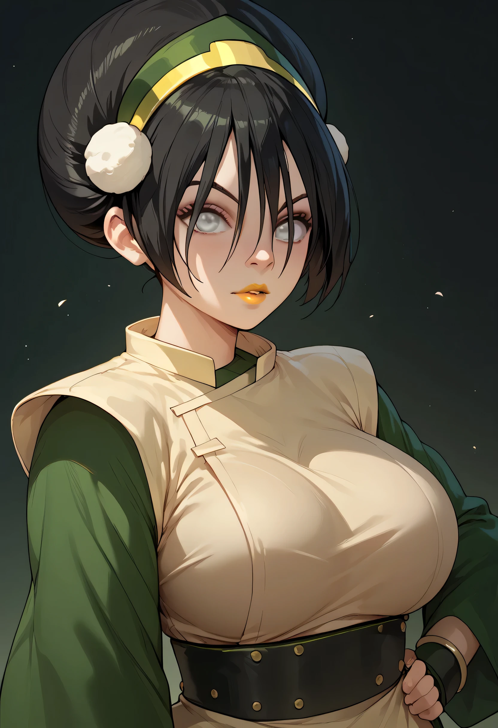 woman, white skin, greenish-gray eyes, tied hair, Toph, anime style, yellow lipstick, big breasts, black hair