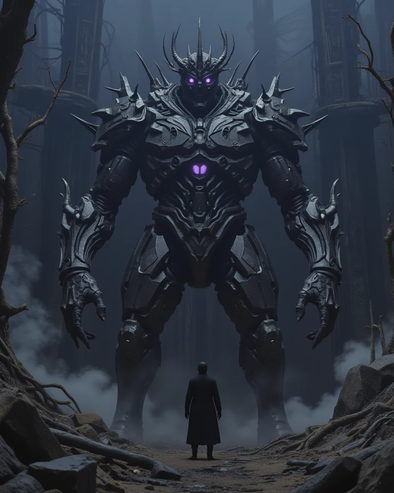 a large warrior humanoid creature with metal skin and size of a planet and (no face) standing tall with confidence in front of a small human, wearing a crown with long spikes, background is space and dark,  purple glowing dark eyes, horror vibes, spooky, dark, ((minimalistic)) Huge structure\(space,space station.3d,realistic,huge, gigantic, very detailed.great focus of station, beautiful bokeh, mechanical parts, cable, wires, machinery,dynamic angle,drifting galaxy,glowing, complex, labyrinth-like structure\), masterpiece, best quality, perfect anatomy , very aesthetic , absurdres. at outer space,dynamic angle,Perspective distortion,telephoto, asymmetry,geographic