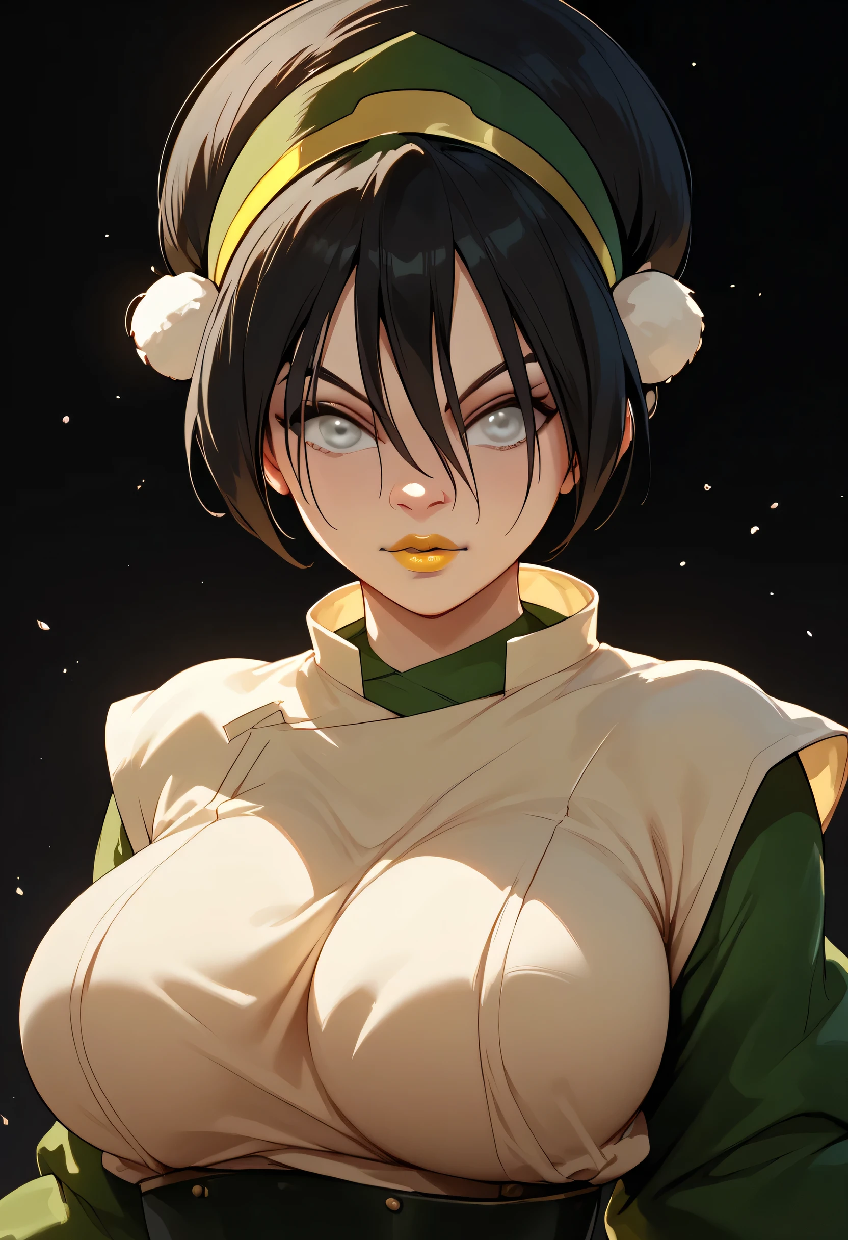 woman, white skin, greenish-gray eyes, tied hair, Toph, anime style, yellow lipstick, big breasts, black hair