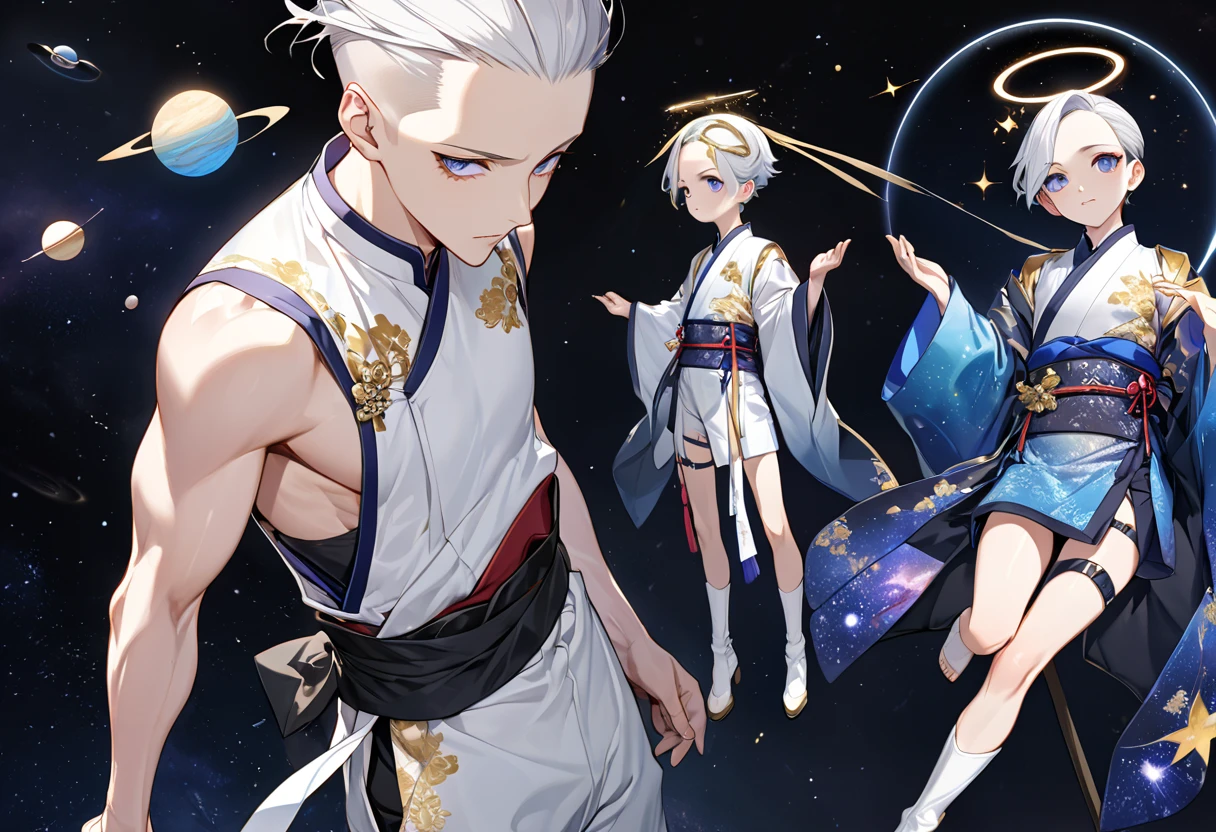 Fresh illustration,
Ultra-fine drawing,
Very delicate illustration,
Very fine details,
One boy,
Full body,
Standing motionless,
Both arms slightly bald,
Height 158cm,
Fair skin,
Right eye is purple,
Left eye is blue,
Odd eyes,
Heterochromie iris,
Beautiful eyes,
Large black pupils,
Slicked back hairstyle,
Short hair,
Blue roots and white hair elsewhere,
Gradient hair,
Shiny hair,
Cute face,
Pretty face,
Shiny halo on back of head,
Raised eyebrows,
Kimono upper body,
Japanese clothing upper body,
Masculine build,
Six pack,
Very small breasts,
No breasts,
Chinese dress lower body,
Black obi,
White clothes overall,
Stylish with gold thread Embroidered,
Clothes made of high-quality fabric,
Jock straps,
Thigh straps,
Thigh straps digging into the skin,
White long boots,
Japanese-style toes,
Five fingers on hands and toes,
Thin waist,
Thin legs,
Isometric,
Golden ratio,
Divine atmosphere,
Wearing an indigo-colored stand-up collared inner,
Outer space,
Galaxy,
Countless small stars,
Tactical use of shadows,
Hairbands on head and hair do not extend beyond the frame,
Clothes do not extend beyond the frame,