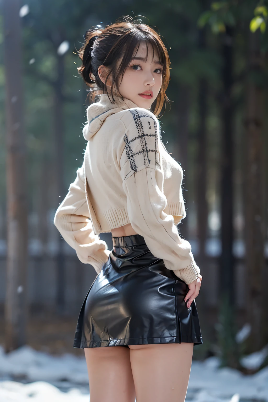 8K, Best Quality, masutepiece:1.2), (Photorealistic:1.4), Raw photo, Best Quality, 超A high resolution a beauty girl knit Leather skirt Beautiful butt Big Tits Rear