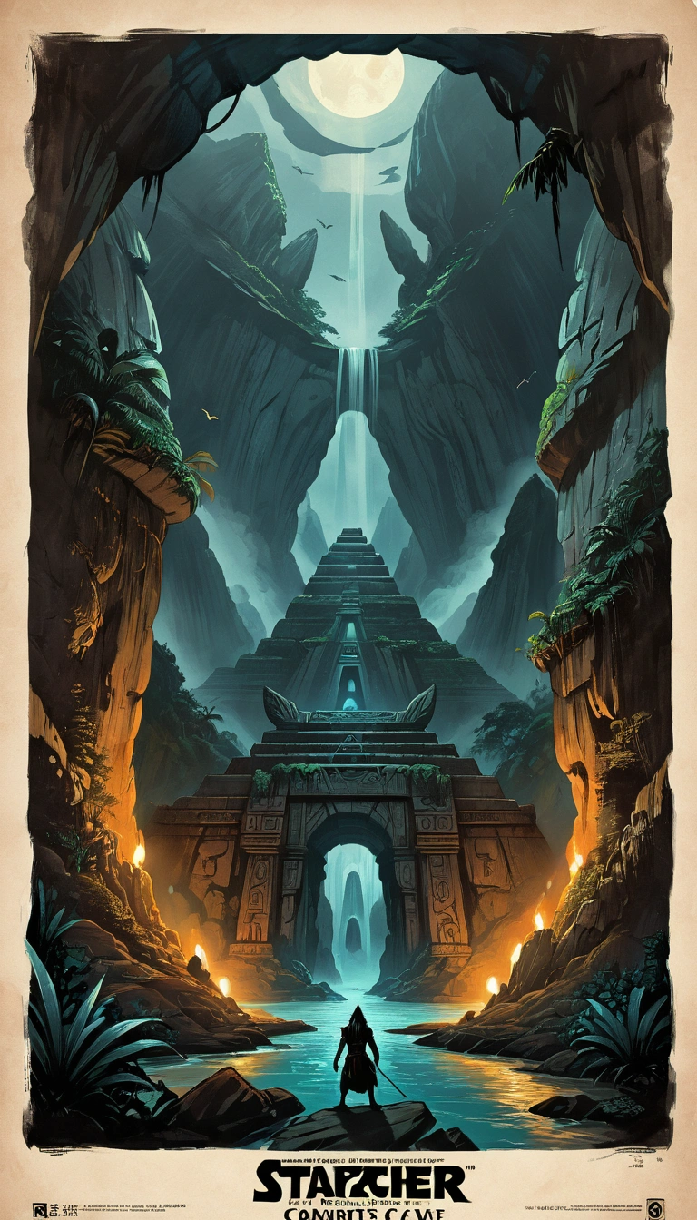 search poster  ,  simple sketch on parchment  ,  dark ink painting  ,  detailed facial features ,  sci-fi landscape, movie poster ,  cinematic ,  masterpiece fails,  Cave entrance ,  ancient Polynesian architectural delights, архитектурные изыски, color,  dark sorcerer and , magic and dark 